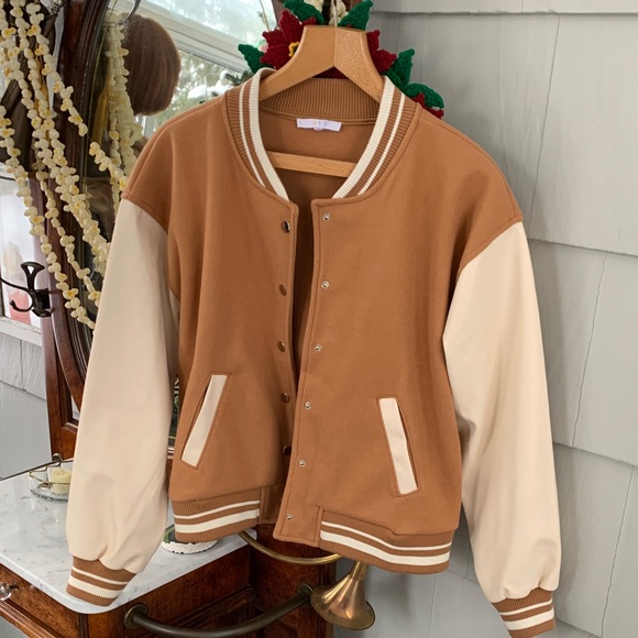 iris Jackets & Blazers - Iris Tan and Cream Faux Leather Varsity Jacket